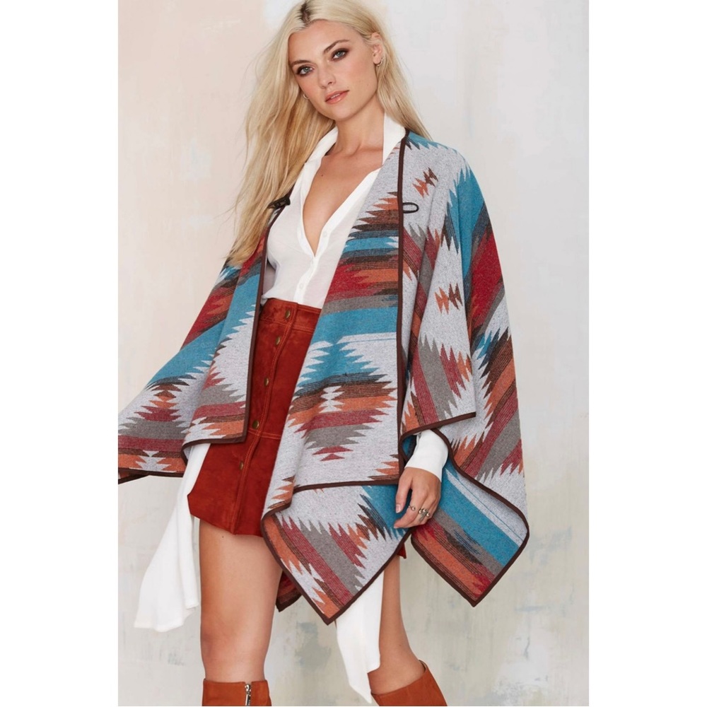 Aztec Wool Blend Cape Poncho One Size